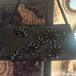 Elegant Black Beaded Floral Clutch